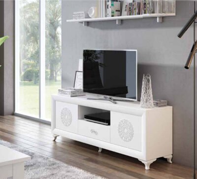 mueble-televisosr-etnico-con-dos-mandalas-blanco-televisor-encima-en-salon
